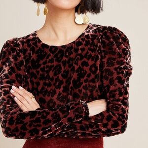 Dolan Anthropologie Charley Velvet Leopard Animal Print Long Sleeve Top Shirt XS
